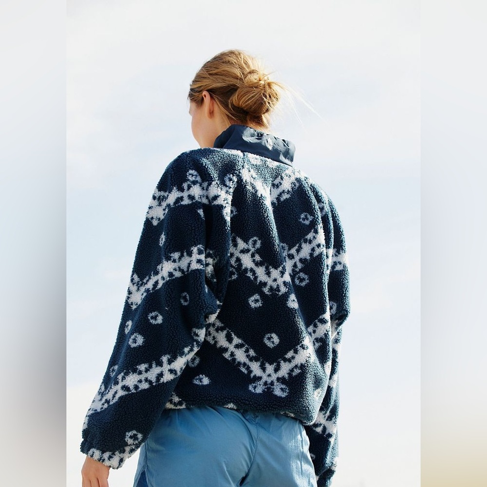 FREE PEOPLE Fleece Print Snap Front Boxy Jacket Large Hit the Slopes Rocky Ridge